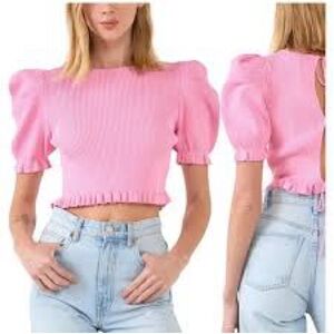 Endless Rose Pink Puff Sleeve Open Back Tie Top Small Cropped Knit Blouse